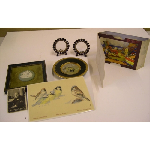 2 - 7 vintage collectables to include Villeroy & Boch ceramic plaque with birds, pop-up postcard, 1942 m... 