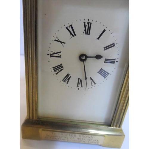 75 - Unmarked 20thC brass cased carriage clock timepiece, with key,

Believed to be in full working order... 