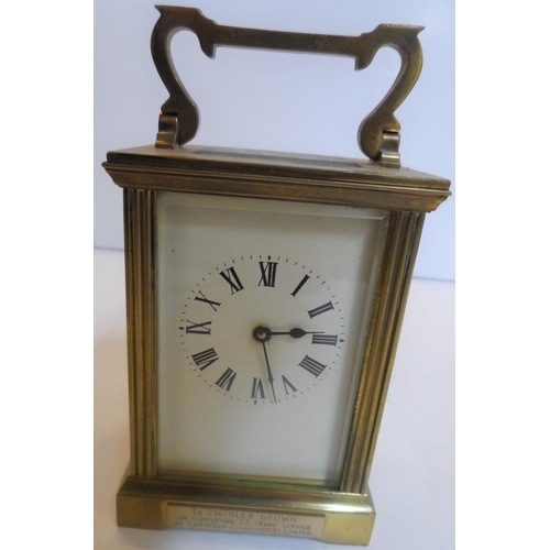 75 - Unmarked 20thC brass cased carriage clock timepiece, with key,

Believed to be in full working order... 