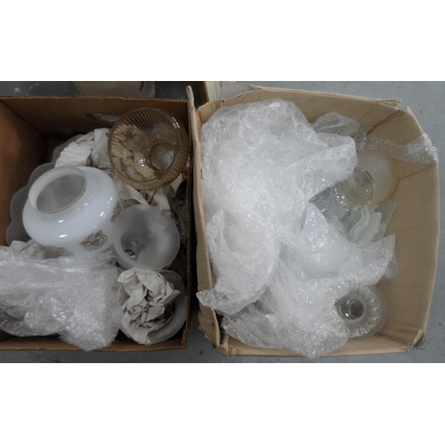 153 - 2 boxes of antique glass oil lamp & glass light shades (approx 15),

various sizes, overall appear t... 