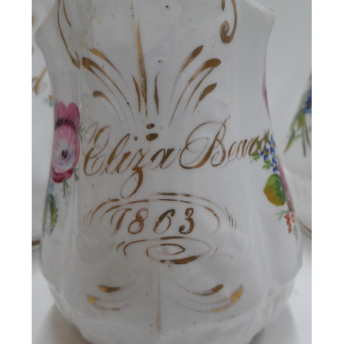 187 - Set of 3 graduating ceramic Victorian jugs, all hand painted & all signed & dated 