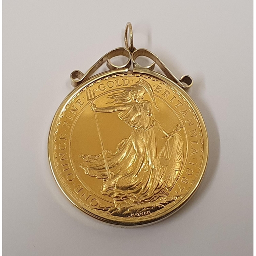239 - Queen Elizabeth II 1987 £100 1 oz Britannia coin (VF) in detachable 9ct hanging pendant

36 grams to... 