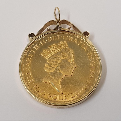 239 - Queen Elizabeth II 1987 £100 1 oz Britannia coin (VF) in detachable 9ct hanging pendant

36 grams to... 