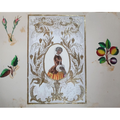 263 - Rare Victorian acrapbook containing watercolours (1 a rare w/c of a well-dressed coloured lady), dra... 
