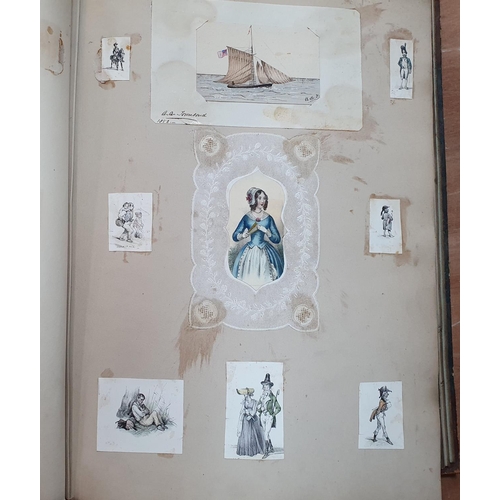 263 - Rare Victorian acrapbook containing watercolours (1 a rare w/c of a well-dressed coloured lady), dra... 