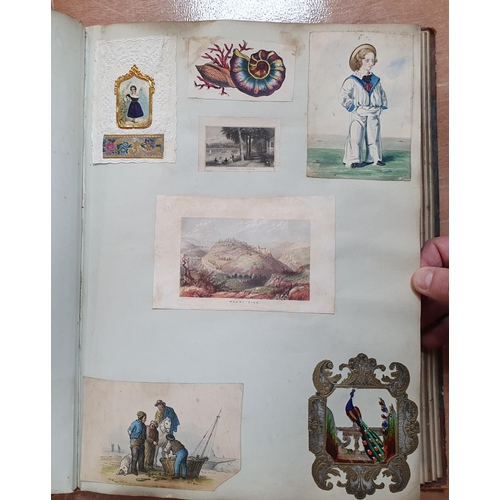 263 - Rare Victorian acrapbook containing watercolours (1 a rare w/c of a well-dressed coloured lady), dra... 