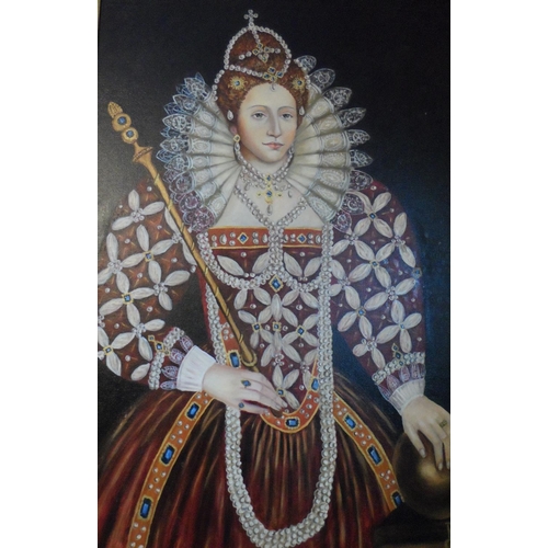 561 - Large modern oil on board, portrait of Queen Elizabeth I in full pearl regalia, indistinctly monogra... 