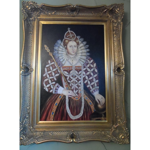 561 - Large modern oil on board, portrait of Queen Elizabeth I in full pearl regalia, indistinctly monogra... 