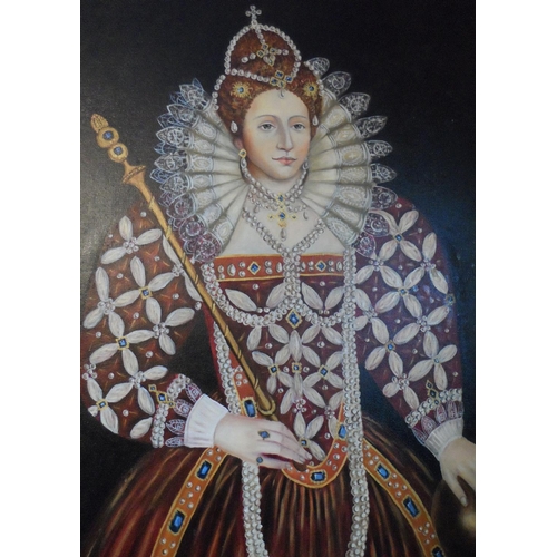 561 - Large modern oil on board, portrait of Queen Elizabeth I in full pearl regalia, indistinctly monogra... 