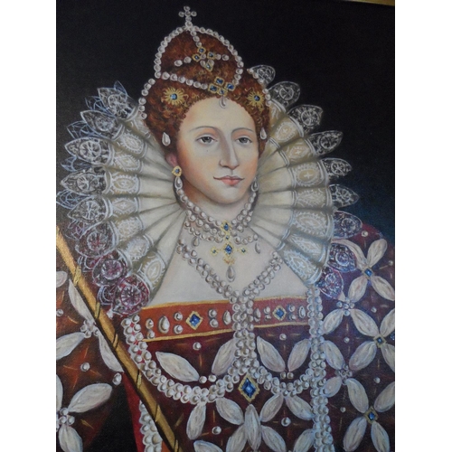 561 - Large modern oil on board, portrait of Queen Elizabeth I in full pearl regalia, indistinctly monogra... 