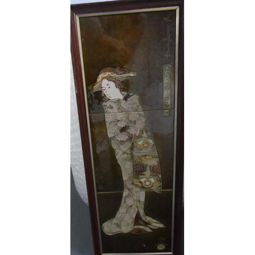 135 - Signed 3-tiled Japanese geisha girl, in thin wood frame,

64 x 24 cm