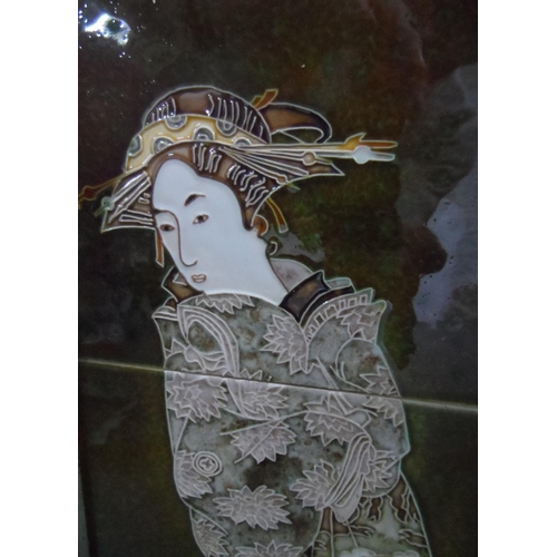 135 - Signed 3-tiled Japanese geisha girl, in thin wood frame,

64 x 24 cm