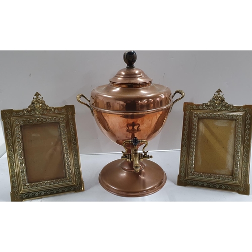 238 - Copper samovar together with 2 mid 20thC ornate pair of brass photo frames (3)