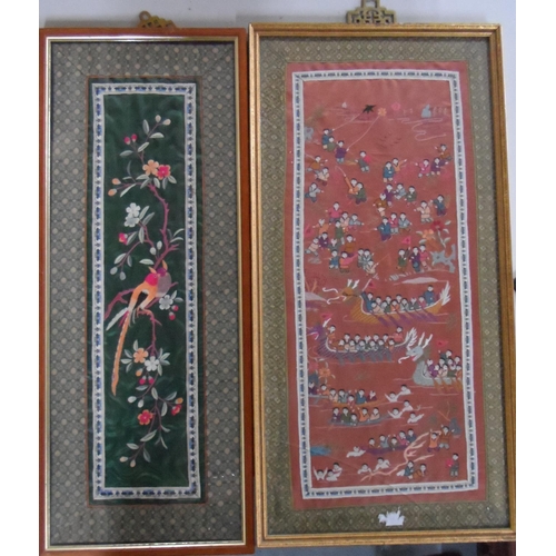 137 - Two framed, Chinese embroideries, both with Chinese hanging clasps (2),

The largest measures 61 x 2... 