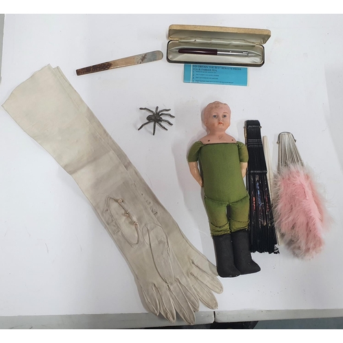 49 - Small collection of antiques to include a doll, ladies leather glovers, a glove stretcher, metal spi... 