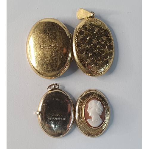 73 - Two antique lockets, one with a cameo which is 9ct gold B&F together with a rolled gold example (2)