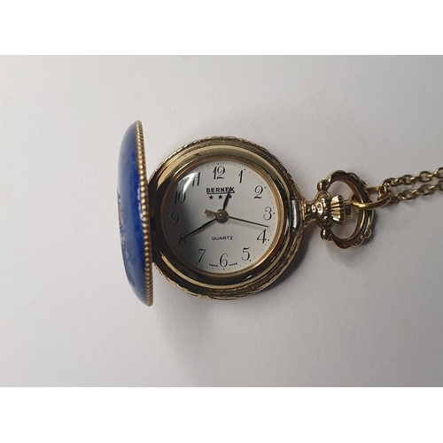 204 - Superb ladies enamelled pocket watch on a chain by Bernex of Switzerland,