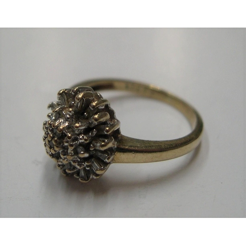 95 - 9ct yellow gold, diamond cluster ring

Approx 2.4 grams gross,              size H