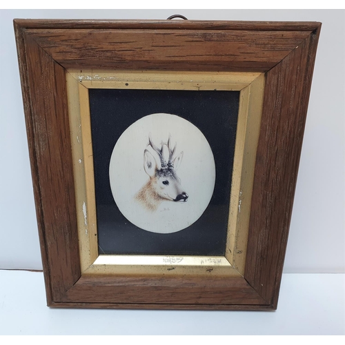 57 - Victorian miniature oval watercolour portrait of a Stags head, initialled D.L, in fine wood frame,

... 