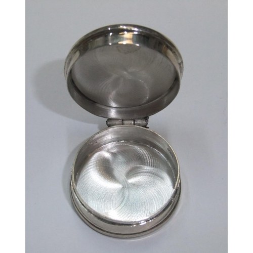 65 - Vintage circular silver pill box with enamel topped lid of Edwardian lady on the beech