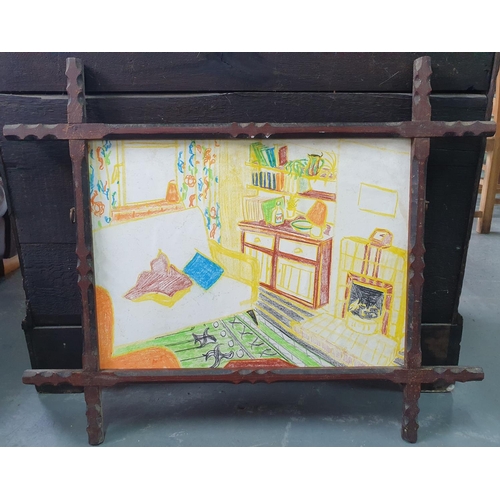 573 - Jack Shaw, crayon, colourful lounge scene set in a pleasing vintage frame (1) 

17 x 22cm