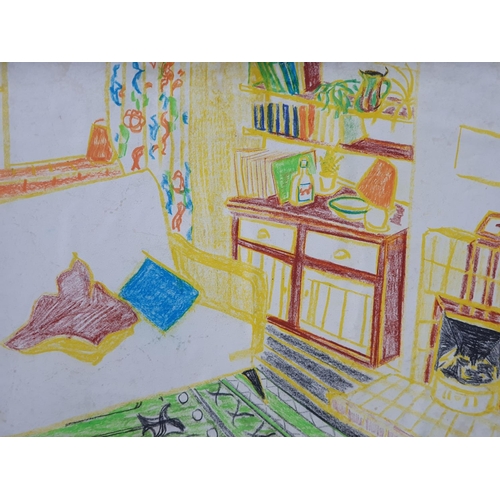 573 - Jack Shaw, crayon, colourful lounge scene set in a pleasing vintage frame (1) 

17 x 22cm