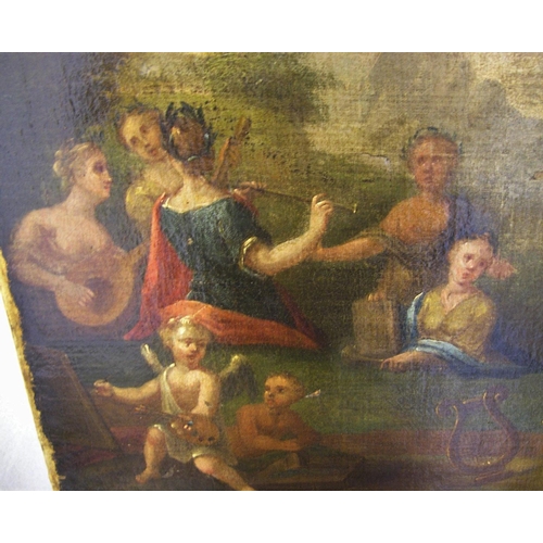 577 - 16thC oil on relined canvas painting depicting figures & putti in landscape, unframed

56 x 83cm