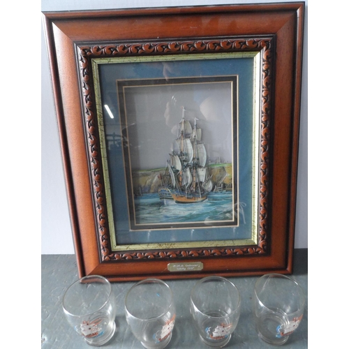 114 - Endevour off Whitby, framed picture and 4 related shot glasses