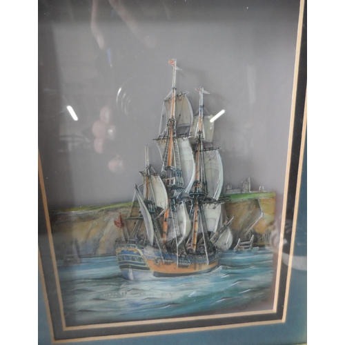 114 - Endevour off Whitby, framed picture and 4 related shot glasses