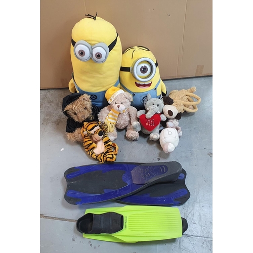 482 - 2 Beverley bears together with 6 other soft toys including 2 large Minions and 2 pairs of diving fli... 