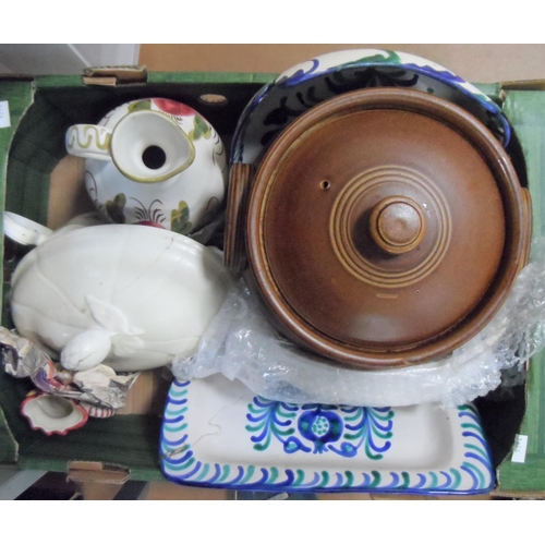 493 - Box of foreign hand-painted ceramic kitchenware together with a lidded stoneware cassarole pot (Lot)