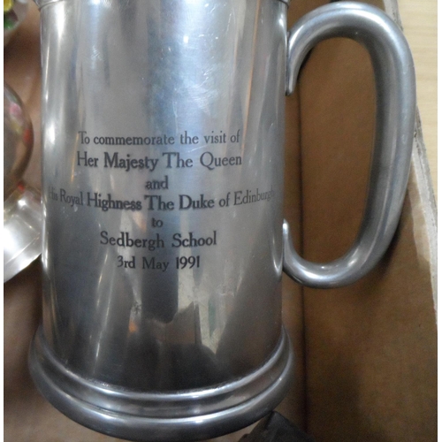 544 - Collection of metal tankards with glass bottom including one to celebrate the visit of the Queen to ... 
