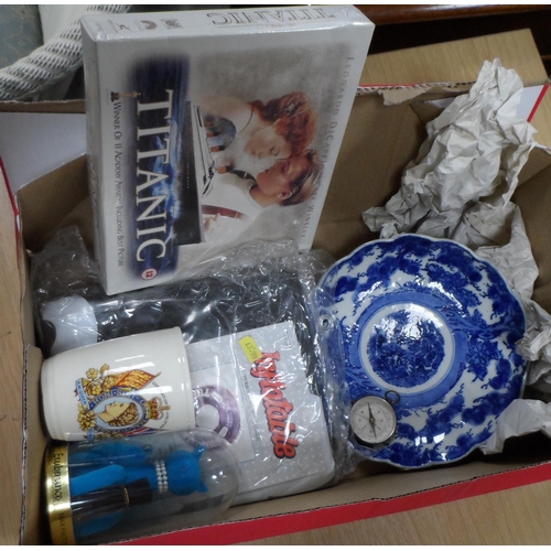 545 - Collection of items to include a 1953 QEII coronation cup, a compass, Titanic DVD box set etc