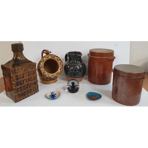 190 - Five hand-made stoneware pottery items by Gordon Metcalfe, two copper dishes and a glass paperweight... 