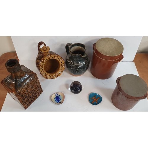 190 - Five hand-made stoneware pottery items by Gordon Metcalfe, two copper dishes and a glass paperweight... 