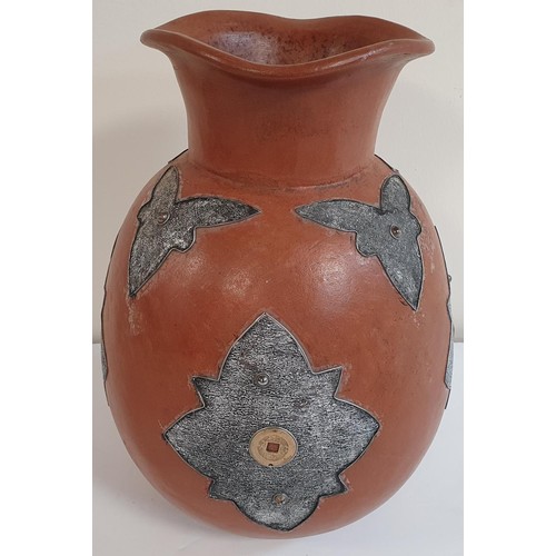178 - Qinglong dynasty brown pottery vase with inlaid coins and a decorative metal surround believed to be... 