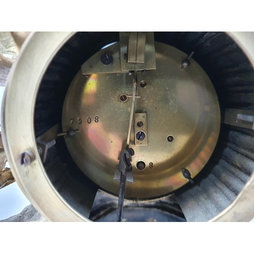 84 - French gilt metal figural mantle clock with key & pendulum