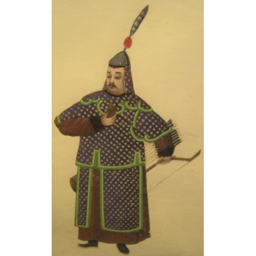 96 - Finely painted double portrait of Chinese watercolour of Chinese lady & archer, unsigned, framed and... 