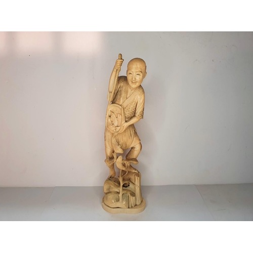 111 - Meiji period, Japanese carving of a fisherman.  27 cm tall