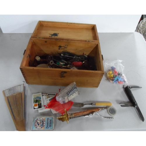 130 - Quantity of small collectables including an old, multi-purpose pen knife with an old wood box