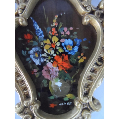 133 - Vintage Peerart ornately metal framed, hand-painted vase of flowers, 25 cm tall