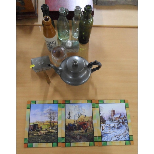 135 - Large collection of collectables to include a bullet, modern glass, stoneware & glassware bottles an... 