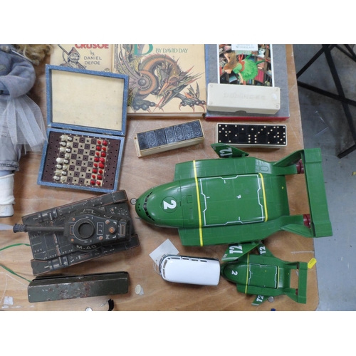 178 - Collection of toys and books to include a handmade doll, vintage domino sets and a miniature cased c... 