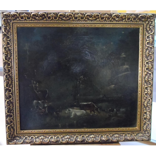 587 - Unsigned 17thC oil on relined canvas, landscape scene with cows, 20thC frame,

The oil measures 30 x... 