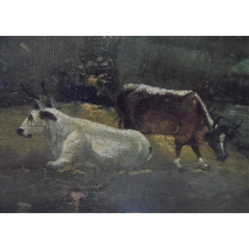 587 - Unsigned 17thC oil on relined canvas, landscape scene with cows, 20thC frame,

The oil measures 30 x... 