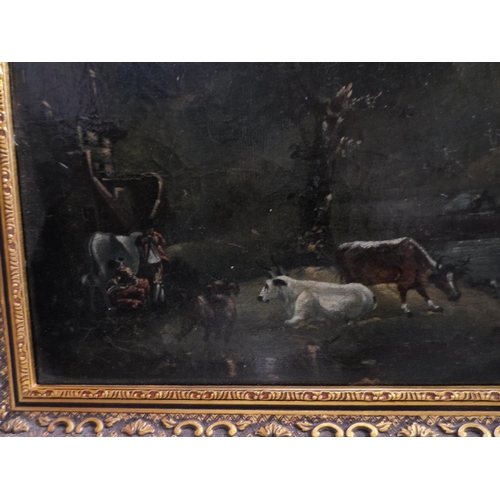 587 - Unsigned 17thC oil on relined canvas, landscape scene with cows, 20thC frame,

The oil measures 30 x... 