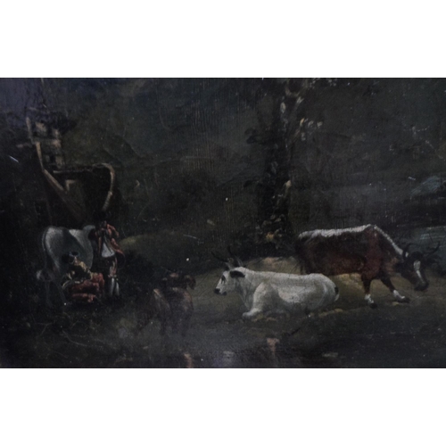 587 - Unsigned 17thC oil on relined canvas, landscape scene with cows, 20thC frame,

The oil measures 30 x... 