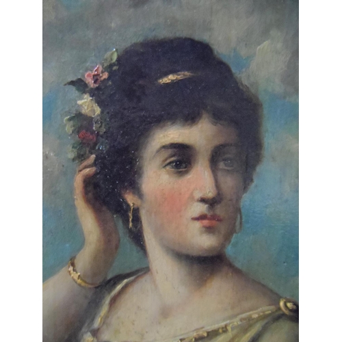 588 - Indistinctly signed oil on wood panel, portrait of a Victorian society lady, unframed,

48 x 26 cm