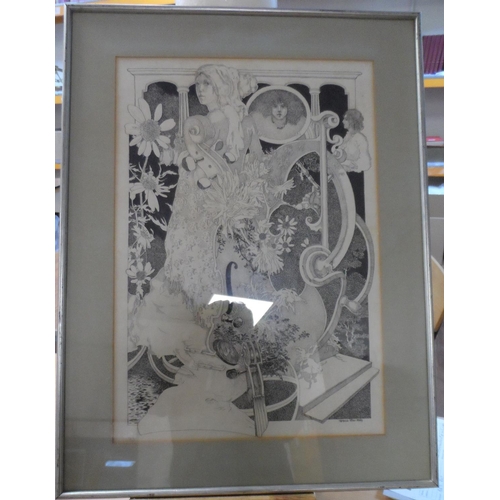 589 - Terrance John Daily, 1970s pen & and surrealist drawing, signed, metal framed

The drawing measures ... 