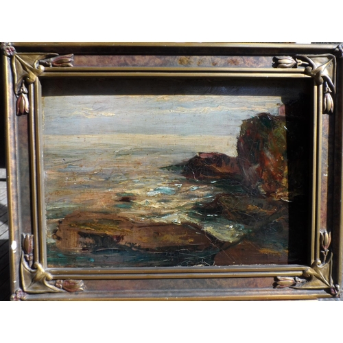 602 - Indistinctly signed, possibly dated 1931 verso, impressionist, Rocky coastal scene oil on card, in p... 